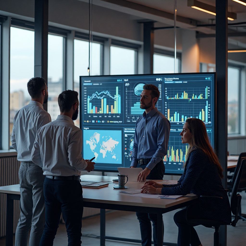 Equipo de AnalyticsPro trabajando en oficina